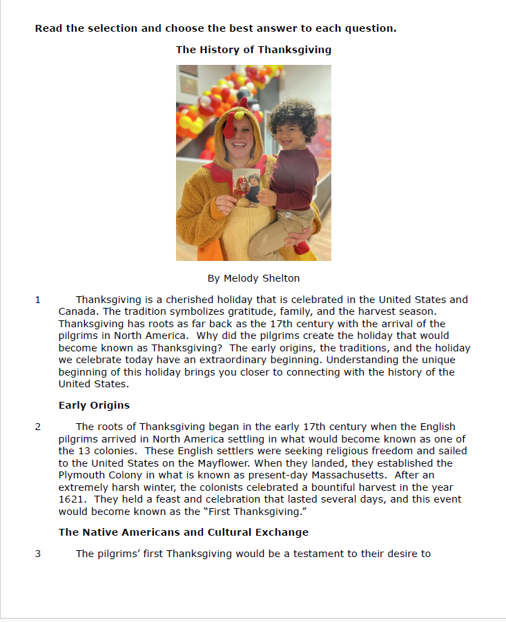 Practice Passage: Non Fiction – 5Th Grade The History Of Thanksgiving