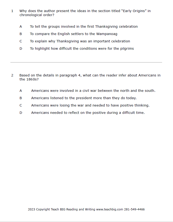 Practice Passage: Non Fiction – 5Th Grade The History Of Thanksgiving