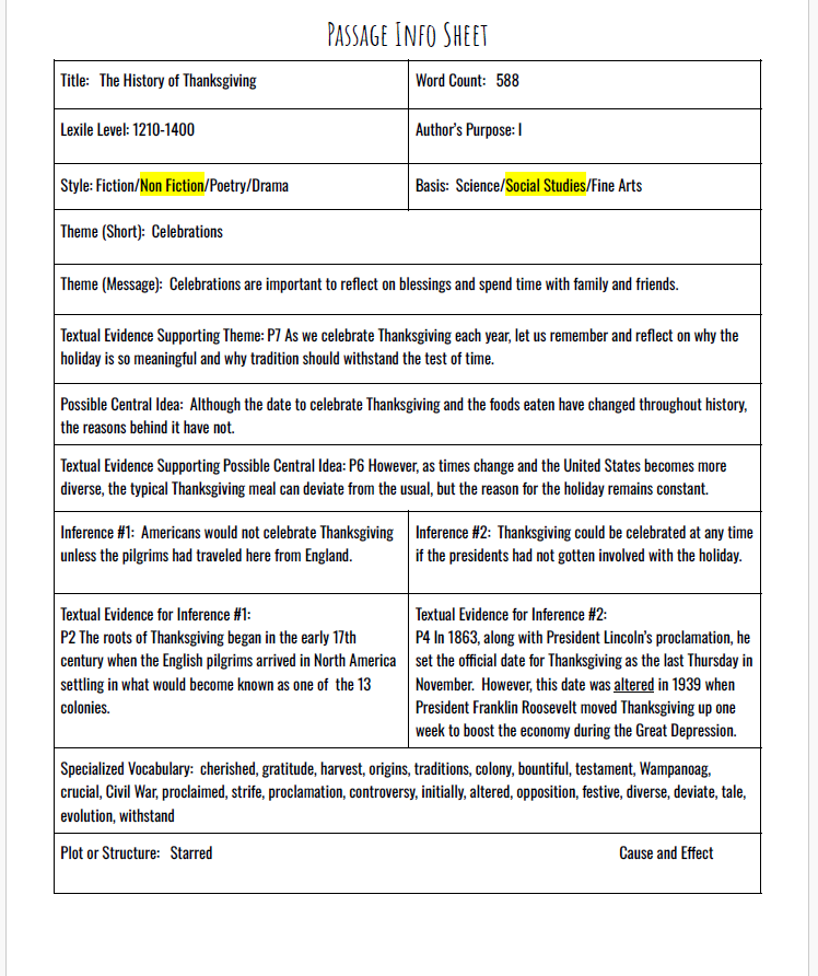 Practice Passage:Non Fiction – 5Th Grade The History Of Thanksgiving-Spanish