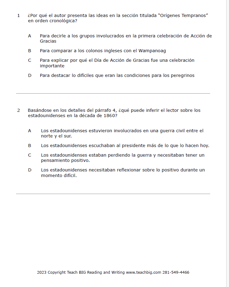 Practice Passage:Non Fiction – 5Th Grade The History Of Thanksgiving-Spanish