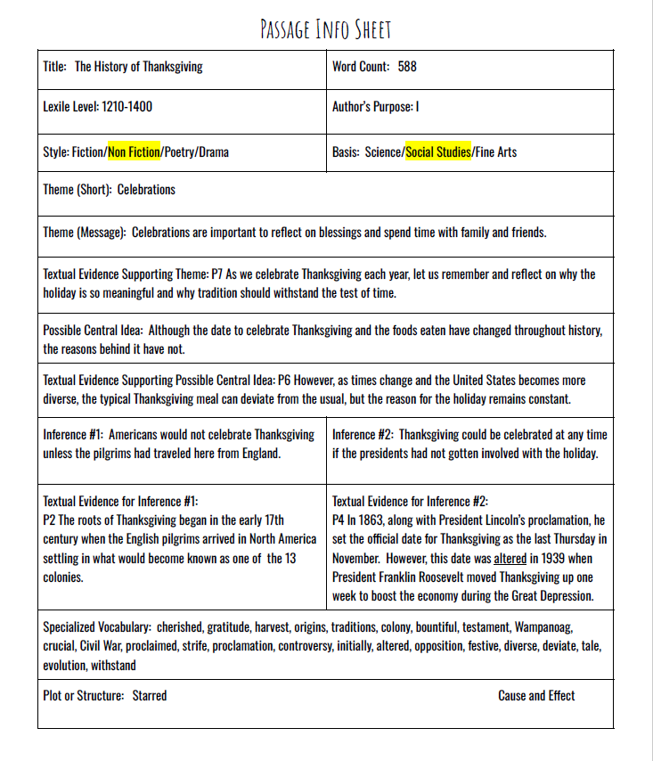 Practice Passage: Set 3-5Th Grade