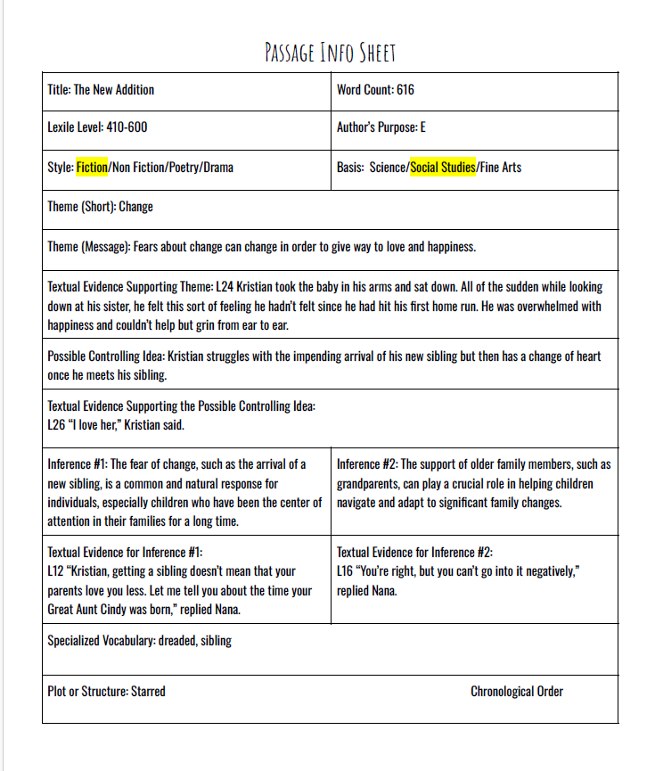 Practice Passage: Fiction-6Th Grade-The New Addition