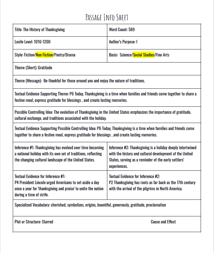 Practice Passage: Non Fiction-6Th Grade -The History Of Thanksgiving