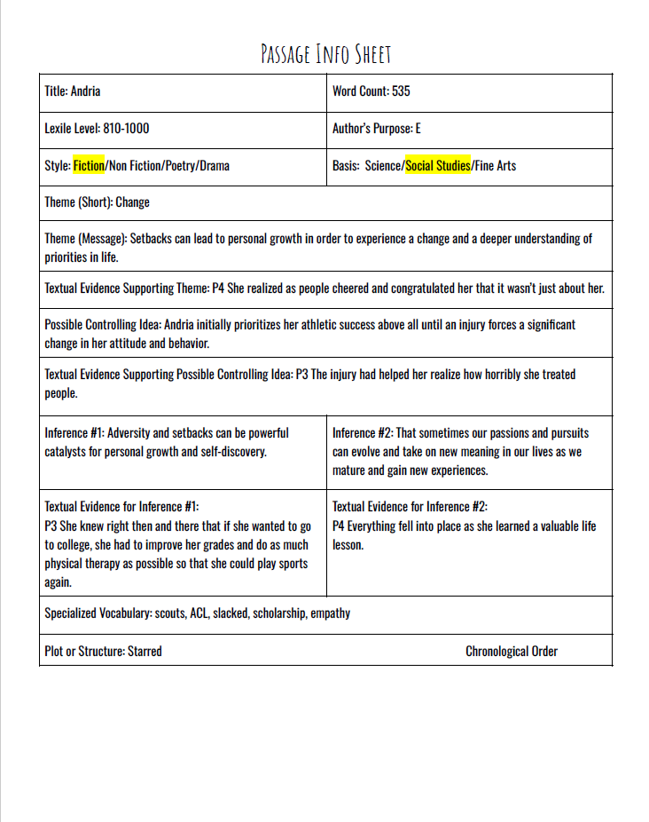 Practice Passage: Set 3 - 6Th Grade