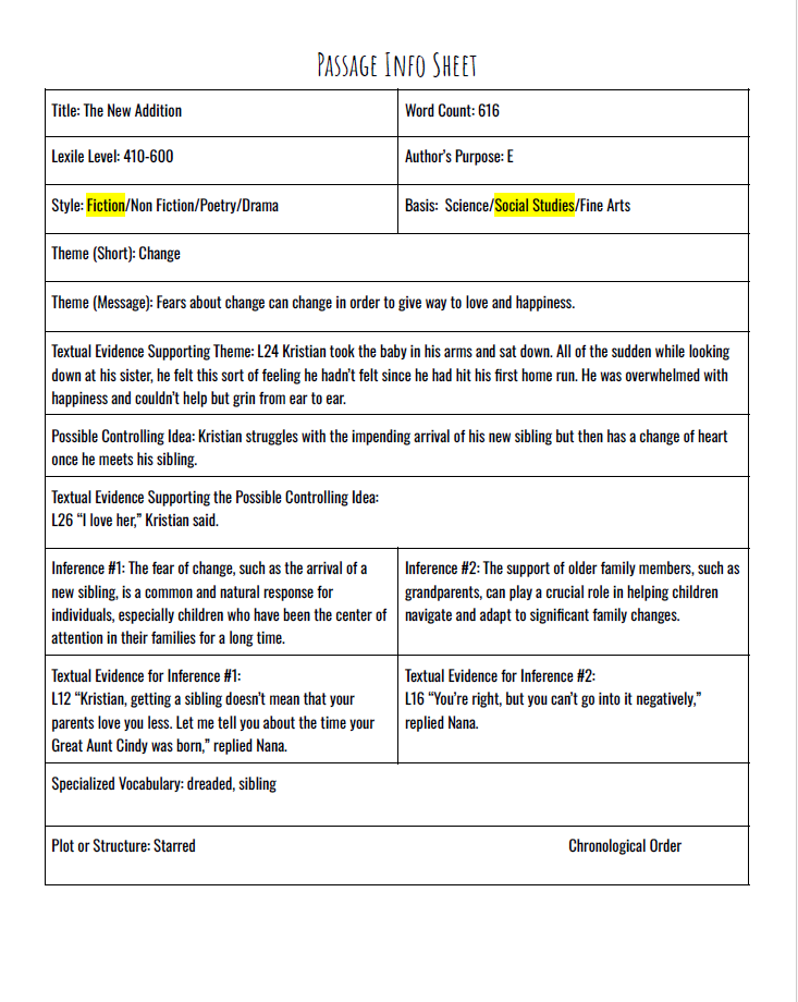 Practice Passage:Fiction – 8Th Grade The New Addition