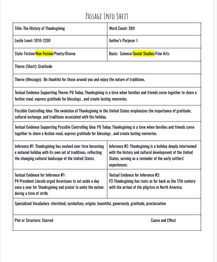 Practice Passage:Non Fiction – 8Th Grade –The History Of Thanksgiving