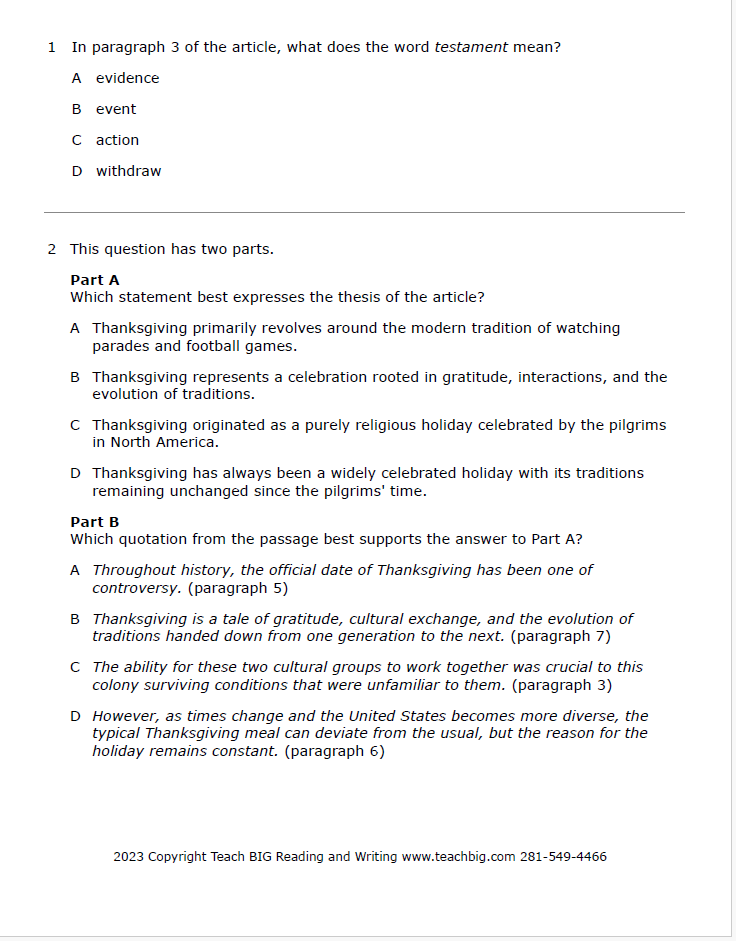 Practice Passage:non Fiction - 9Th Grade-The History Of Thanksgiving