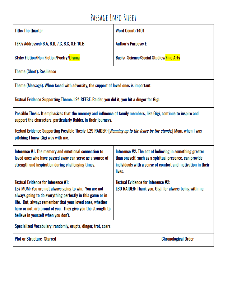 Practice Passage: Drama -10Th Grade-The Quarter