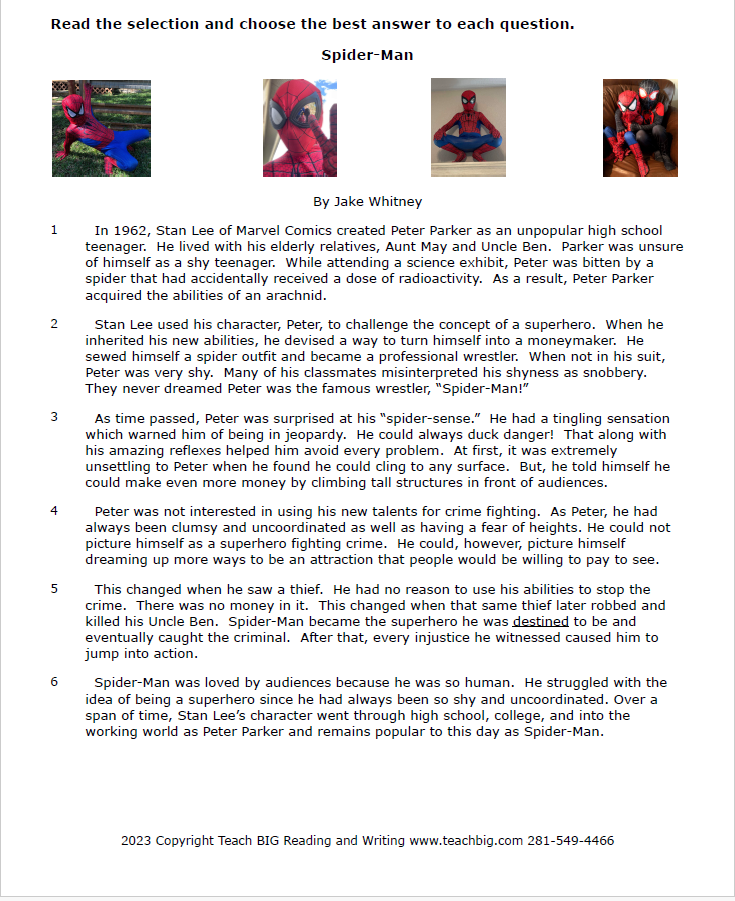 Practice Passage: Non Fiction – 3Rd Grade Spider Man