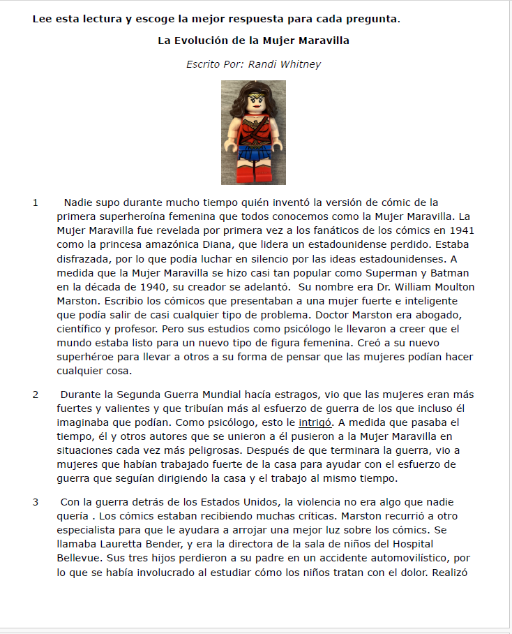 Practice Passage: Non Fiction -3Rd Grade-The Evolution Of Wonder Woman-Spanish