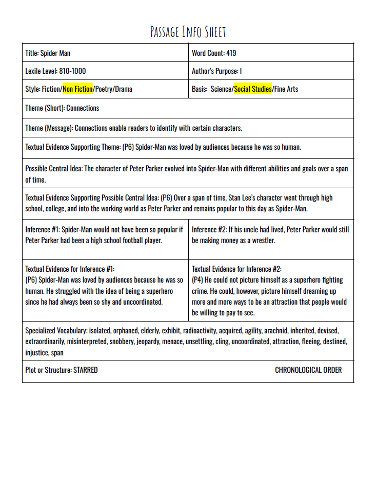 Practice Passage:Non Fiction – 4Th Grade Spider Man